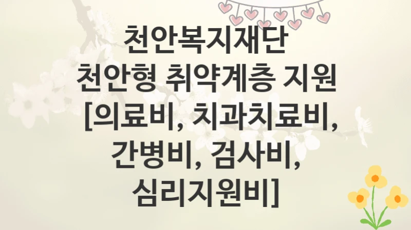 천안복지재단
천안형 취약계층 지원 [의료비, 치과치료비, 간병비, 검사비, 심리지원비]